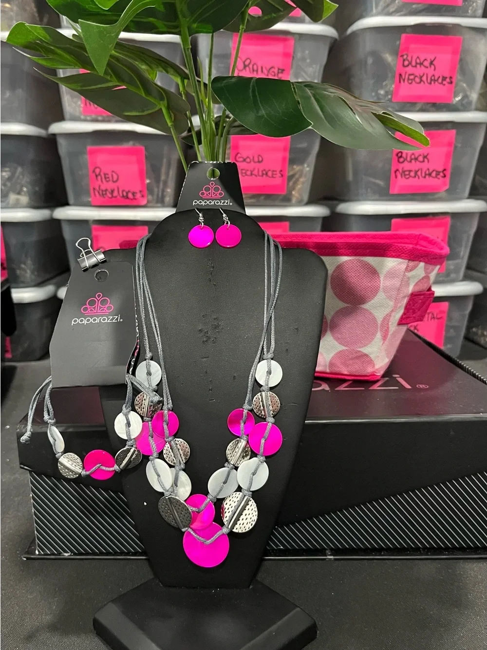 paparazzi Hot Pink and Silver Multi-Disc Layered Necklace Set